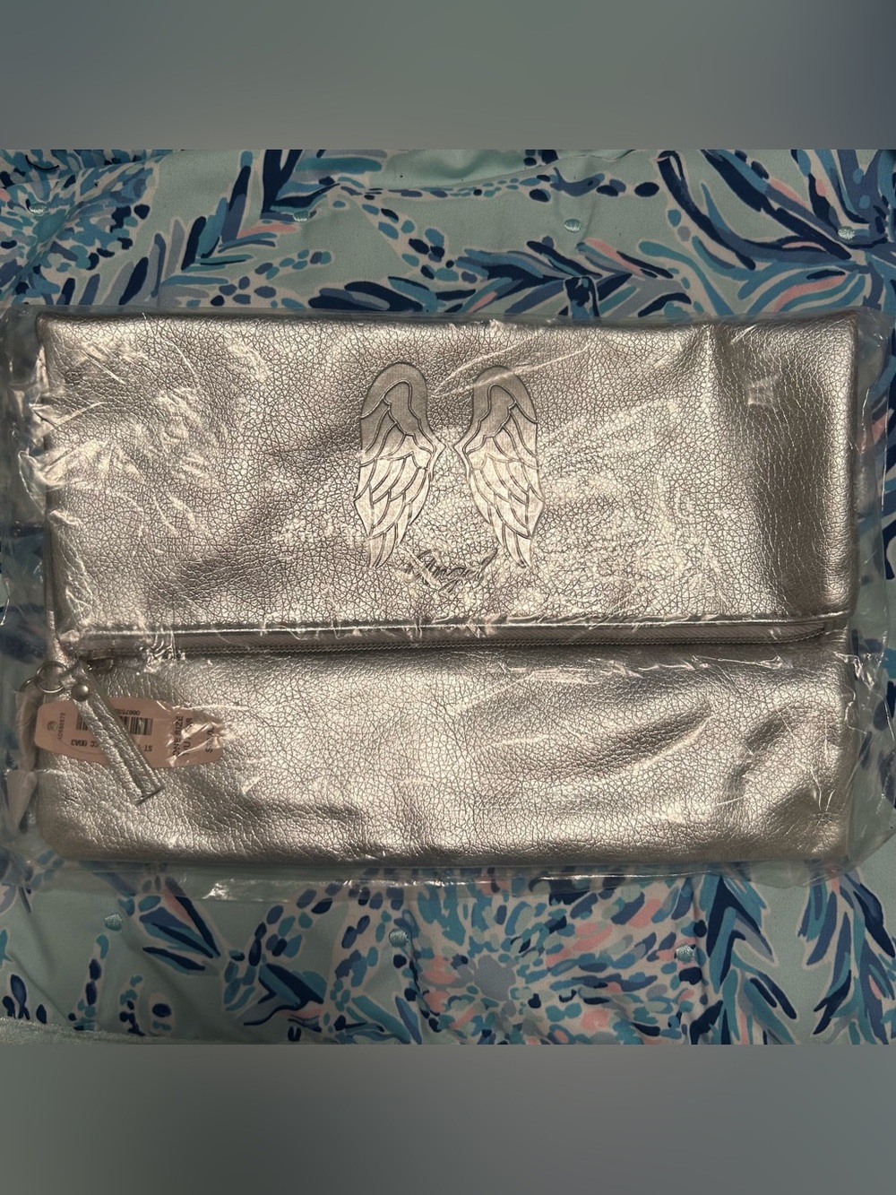 Victoria's Secret Silver Faux Leather Makeup Bag Zipper Pouch Wings Design